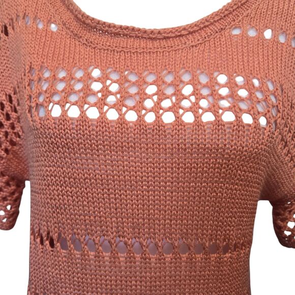 Fever Terracotta Shell Open Knit Crochet Top Small Boho Fringe Hem NWT - Picture 5 of 12